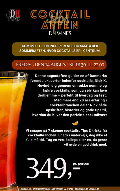Cocktail-aften hos DH Wines 14.August kl. 18.30-22.00 2026